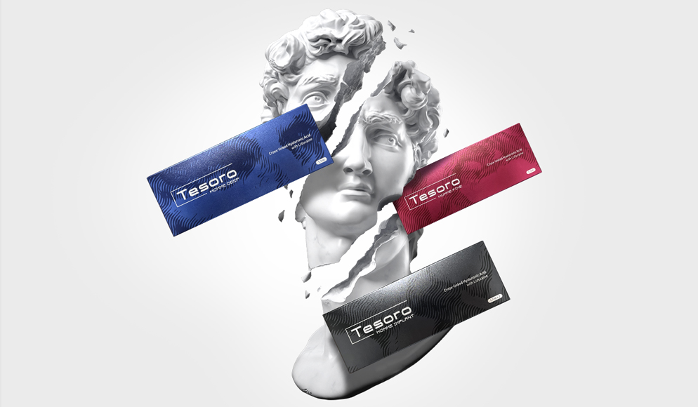 Tesoro HOMME for men focuses on eliminating wrinkles, rejuvenating the skin, and creating distinctive male facial features through volume modeling of the face. Tesoro HOMME maintains a higher density due to the cross-linking agent without changing the concentration of Hyaluronic Acid. Tesoro HOMME contains lidocaine that minimizes pain.