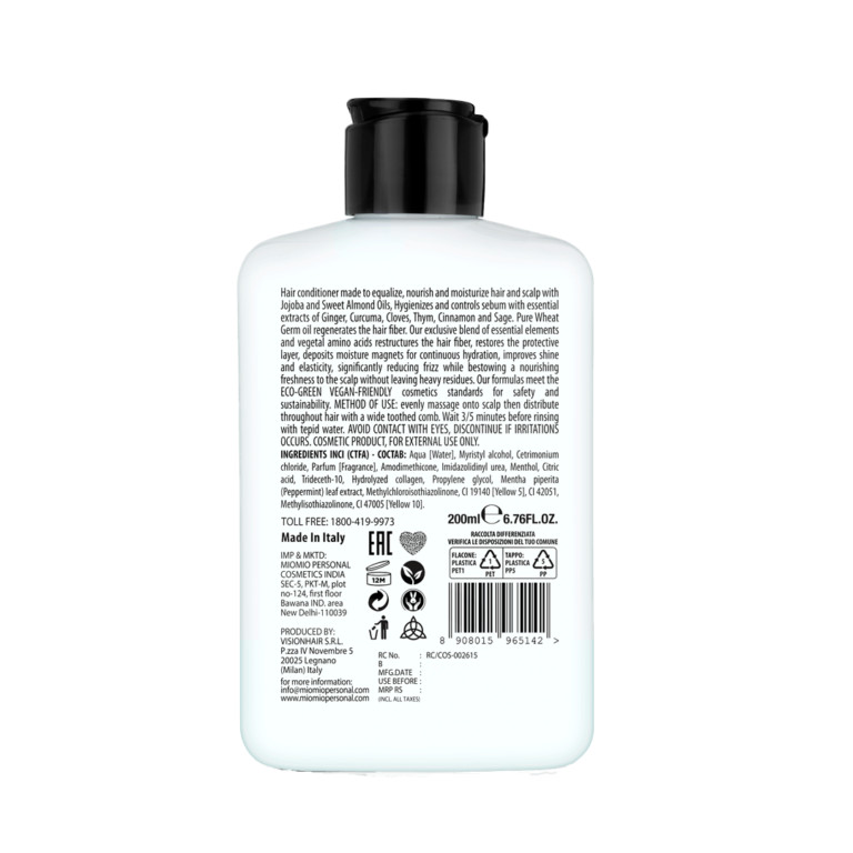 All Hair & Skin Types, Hygienizing, Refreshing, Regenerating, Equalizing, Nourishing & Moisturizing Italian Pure Essential Oils & Natural Extracts Hair conditioner made to equalize, nourish and moisturize hair and scalp with Jojoba and Sweet Almond Oils, Hygienizes and controls sebum with essential extracts of Ginger, Curcuma, Cloves, Thym, Cinnamon and Sage. Pure Wheat Germ oil regenerates the hair fiber. Our exclusive blend of essential elements and vegetal amino acids restructures the hair fiber, restores the protective layer, deposits moisture magnets for continuous hydration, improves shine and elasticity, significantly reducing frizz while bestowing a nourishing freshness to the scalp without leaving heavy residues.